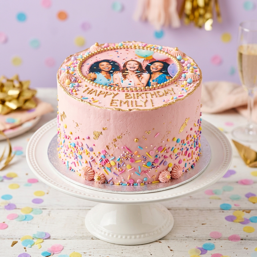 Custom edible cake printing design with pastel sprinkles and gold stars