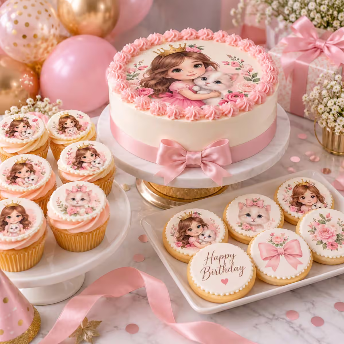 Custom edible party package with matching cake, cupcake and cookie prints